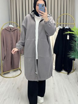 Kanguru Cepli Oversize Uzun Bomber Hırka