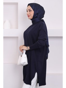 Lacivert Bisiklet Yaka Merserize Salaş Triko Tunik