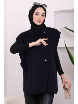 Lacivert Çıtçıt Detaylı Yanları Açık Kaşe Yelek