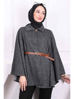 Siyah Tek Düğmeli Kemerli Panço