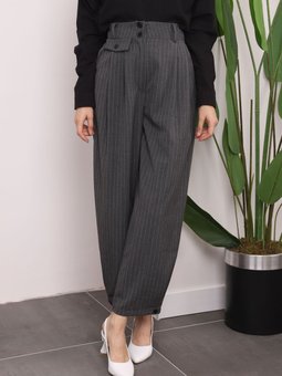 Antrasit Yüksek Bel Çizgili Paça Detaylı Kumaş Pantolon