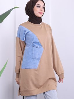 Bisküvi Kot Detaylı Bisiklet Yaka Iki Iplik Sweat