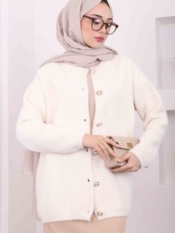 Ekru Düğmeli Angora Triko Hırka