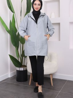 Gri Kapüşonlu Fermuarlı Trençkot
