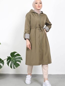 Haki Bel Büzgülü Kapüşonlu Trençkot