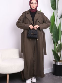 Haki Bel Kuşaklı Düğmeli Trenç