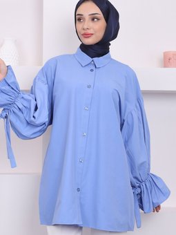 İndigo Balon Kol Detaylı Terikoton Gömlek