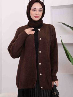 Kahverengi Düğmeli Angora Triko Hırka