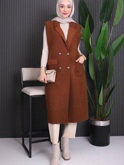 Kahverengi Düğmeli Cepli Buklet Yelek