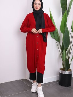 Kırmızı Düğmeli Uzun Triko Merserize Hırka