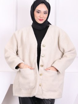 Krem Cepli Düğmeli Angora Ceket