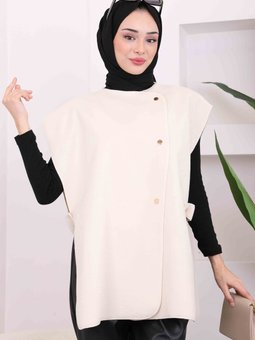 Krem Çıtçıt Detaylı Yanları Açık Kaşe Yelek