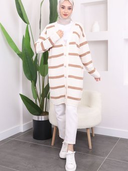 Krem Çizgili Gofralı Uzun Triko Hırka