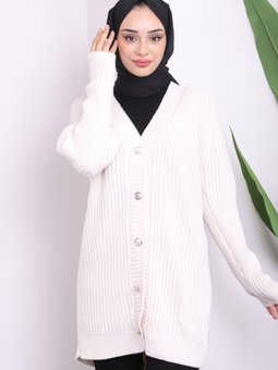 Krem Düğmeli Triko Hırka