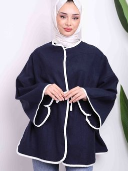 Lacivert Bel Bağlamalı Kaşe Kimono Ceket