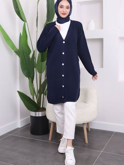 Lacivert Düğmeli Gofralı Triko Hırka