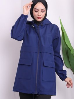 Lacivert Kapüşonlu Fermuarlı Kısa Trenç