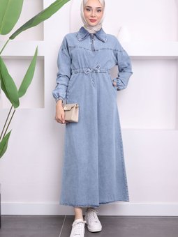 Mavi Bel Büzgülü Cepli Kot Elbise