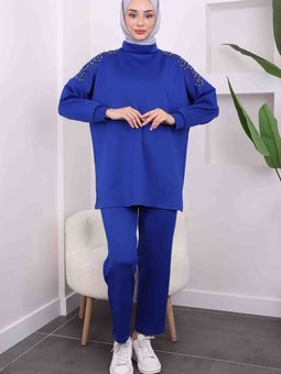 Saks Mavisi Mavi Omzu Taşlı Scuba Takım