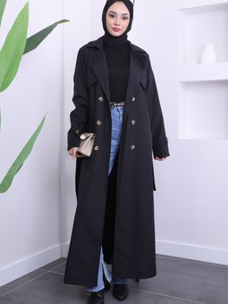 Siyah Bel Kuşaklı Düğmeli Trenç