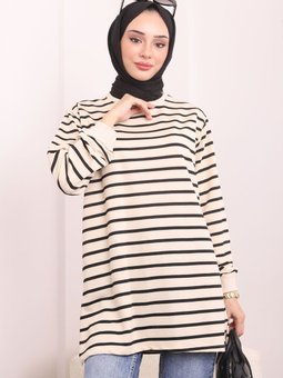 Siyah Bisiklet Yaka Çizgili Tunik