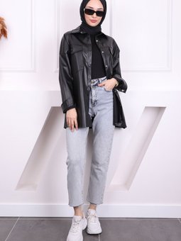 Siyah Çift Cepli Deri Gömlek