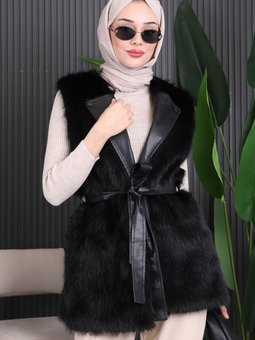 Siyah Deri Kuşaklı Kürk Yelek