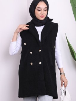 Siyah Kruvaze Yaka Düğmeli Angora Yelek