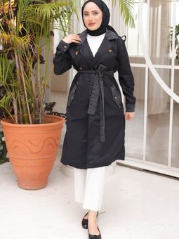 Siyah Kruvaze Yaka Kot Garnili Treçkot