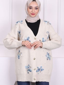 Taş Çiçek Detaylı Triko Hırka