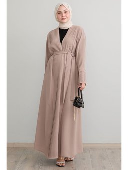 Boydan Pileli Detay Uzun Bej Krep Hırka