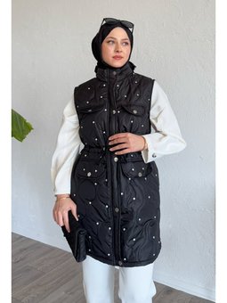 Cep Detay Büzgülü Kapitone Siyah Yelek