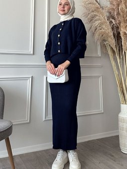 Hırkalı Fitilli İkili Lacivert Triko Takım