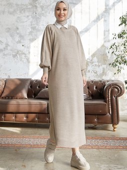 Mina Balon Kol Triko Elbise Bej