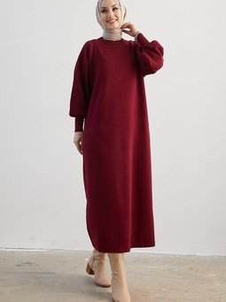 Mina Balon Kol Triko Elbise Bordo