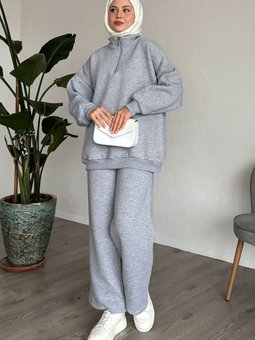 Şardonlu Fermuarlı Gri İkili Takım