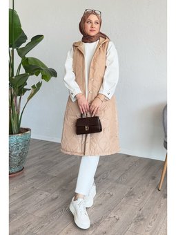 Taşlı Kapitone Kapüşonlu Bej Yelek