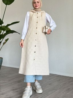 Zincir Detaylı Kapüşonlu Uzun Yelek Bej