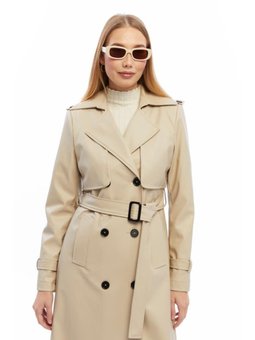 Çift Cepkenli Uzun Boy Deri Bej Trençkot