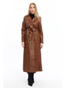 Çift Cepkenli Uzun Boy Deri Taba Trençkot
