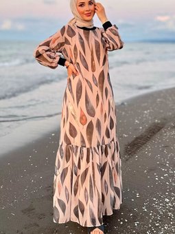 Bej Desenli Kol Ribanalı Şifon Elbise