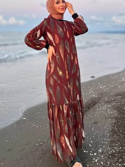 Kahve Desenli Kol Ribanalı Şifon Elbise