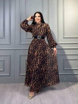 Leopar Desenli Şifon Elbise
