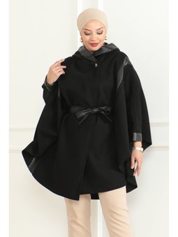 Kuşaklı Deri Detaylı & Siyah Panço
