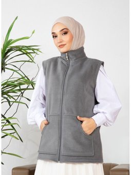 Fermuarlı Polar Yelek Dik Yakalı Spor Açık Gri