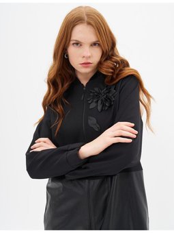 Çiçek Aplikeli Suni Deri Garnili Ceket Siyah