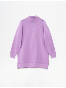 Düşük Omuz Fermuar Kapamalı Sweatshirt Mor