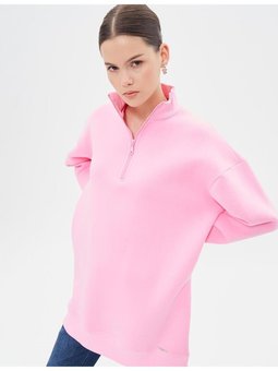 Düşük Omuz Fermuar Kapamalı Sweatshirt Pembe