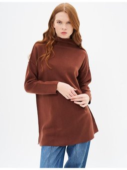 Kayık Yaka Triko Tunik Kızıl Kahve