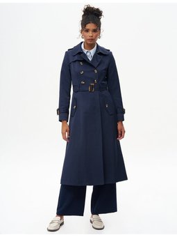 Kruvaze Düğmeli Kemer Detaylı Kap Koyu Lacivert